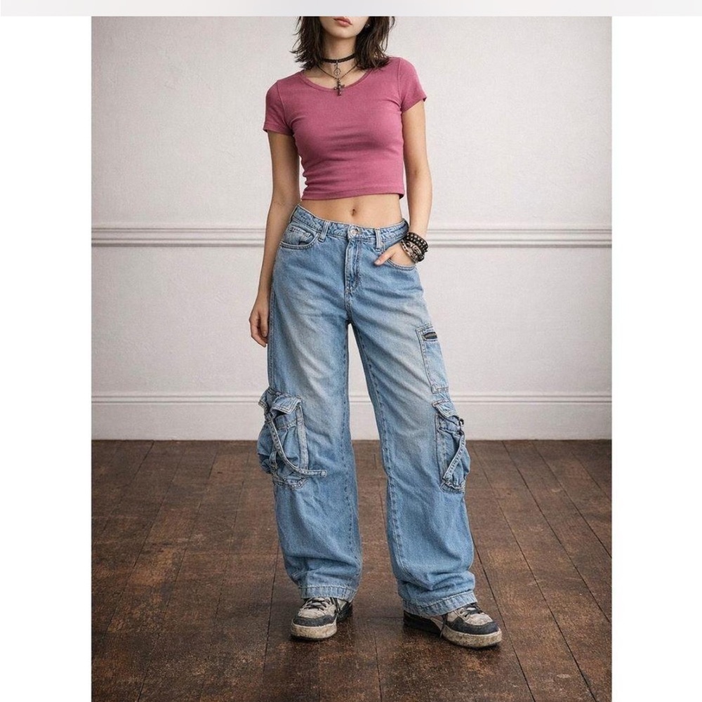 Wild Fable Blue Denim Cargo Pants Wide Baggy